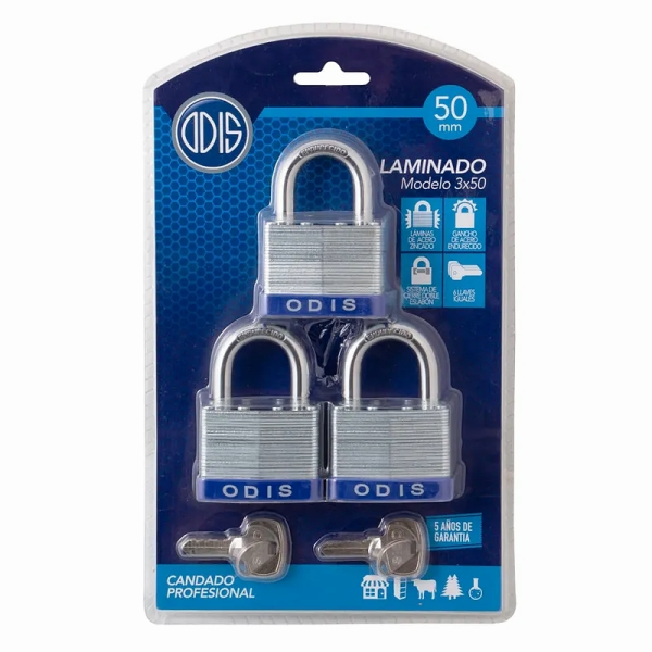 CANDADO LAMINADO ODIS SET DE 3 UNIDADES - 50MM
